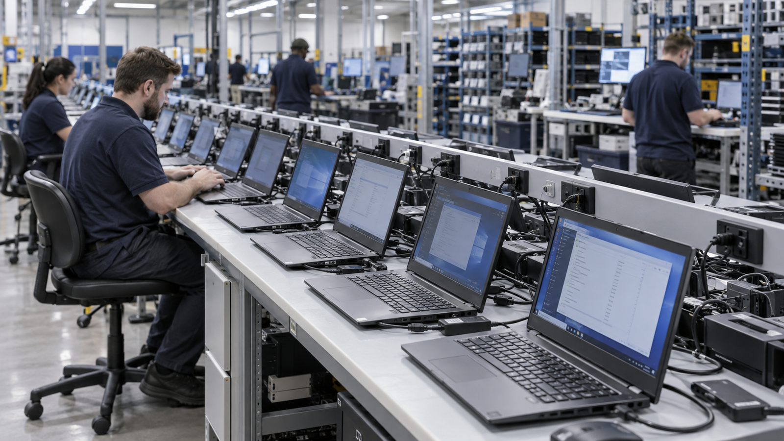 Large-scale laptop testing line in a professional warehouse